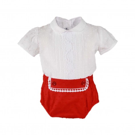Conjunto blusa + braguita blanco y rojo puntilla
