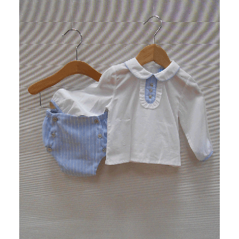 Conjunto braguita tapeta celeste rayas y blusa blanca