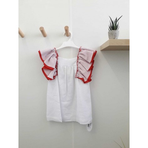 Vestido blanco volante sisa rojo