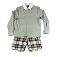 Conjunto niño pantalón corto cuadros verdes/morados y camisa verde