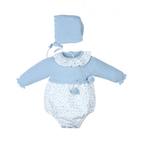 Ranita flores azul empolvado pom pom + capota