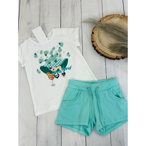Conjunto gorro margaritas verde agua