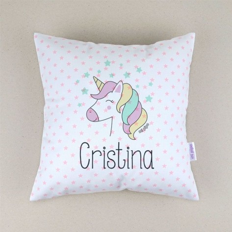 Cojin unicornio cuadrado piqué personalizado