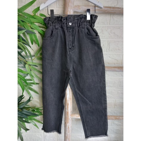 Pantalón vaquero negro gomas cintura botón brillante