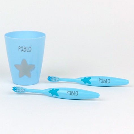 Set dos cepillos dientes + vasito personalizado azul