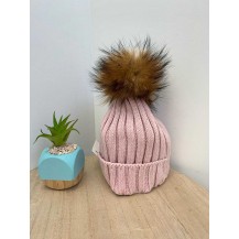 Gorro canalé pompón rosa empolvado
