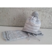 Gray and blue cap set with pompon and scarf