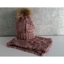 Pink / brown cap with hair and neck pompon