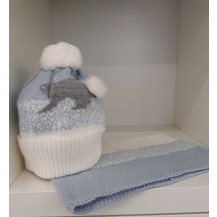 Conjunto gorro pompón conejo crudo/azulado con cuello
