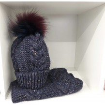 Conjunto gorro pompón pelo + cuello azul colores