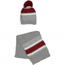 Conjunto gorro+bufanda pompon gris y granate