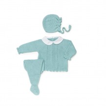 Conjunto tres piezas calados vertical cuello celeste