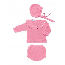 Conjunto tres piezas braga punto lin volante salmón