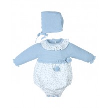 Ranita flores azul empolvado pom pom + capota