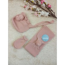 Capota + bufanda + manoplas pom pom rosa empolvado