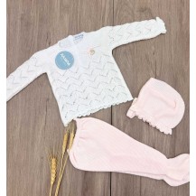 Conjunto polaina + capota rayado calado blanco y rosa