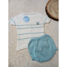 Conjunto braga punto recogidas blanco y verde agua