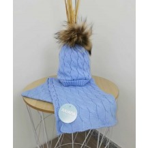 Bufanda + gorro trenzas pompom pelo cielo
