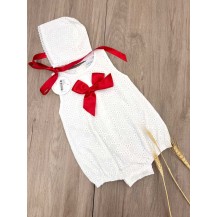 Pelele blanco brocado lazo rojo + capota