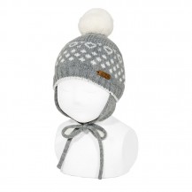 Iced hat with earflaps and gray tassel