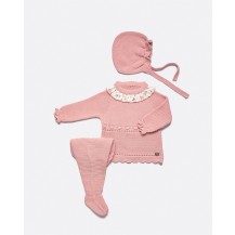 Conjunto tres piezas bodoques volante rosa empolvado