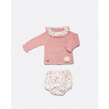Conjunto braga flores volante rosa empolvado
