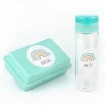 Pack Botella 600ml + Cajita Porta Alimentos Arcoíris Soft Menta personalizadas