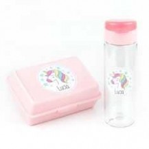 Pack Botella 600ml + Cajita Porta Alimentos Unicornio Rosa personalizadas