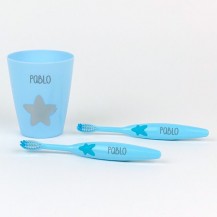 Set dos cepillos dientes + vasito personalizado azul