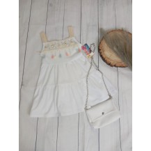 Vestido blanco flecos + bolso