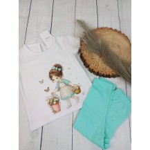 Conjunto verde agua niña flores 