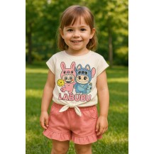 Conjunto Labubu stitch rosa palo